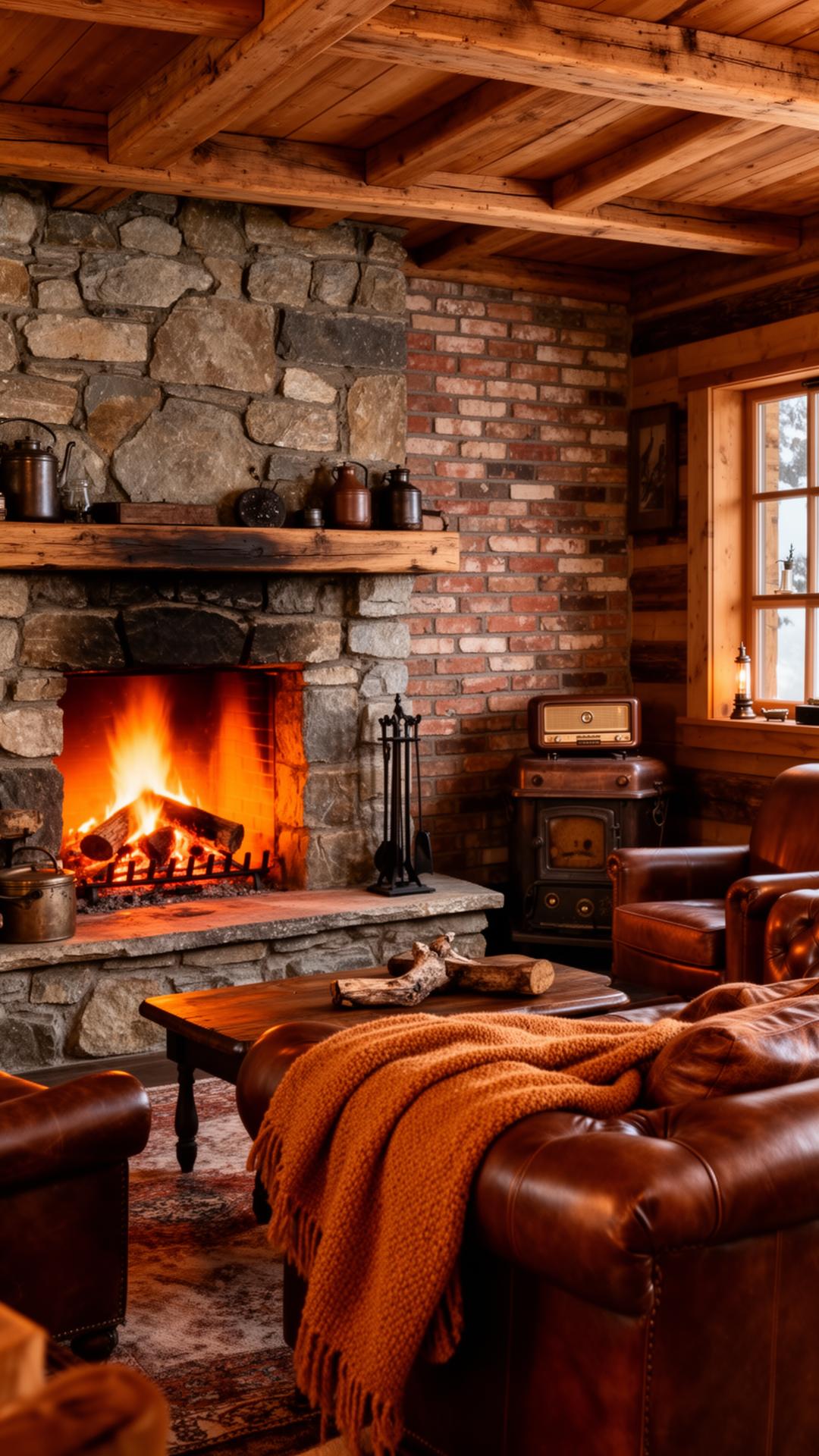 Interior da Cabana com lareira de pedra acesa, poltronas de couro e vigas de madeira